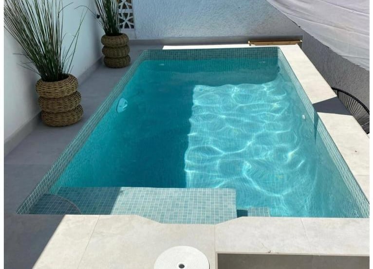 Small backyard swimming pool with blue mosaic tiles, poolside plants, and a sun shade sail.