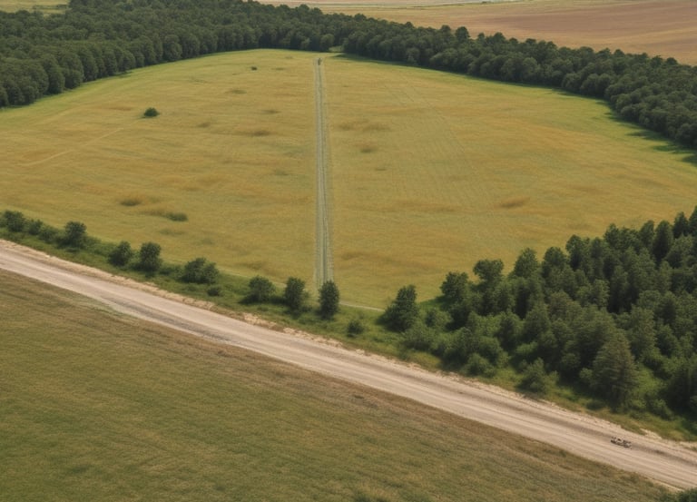 Aerial view of expansive rural land near power lines and highways.