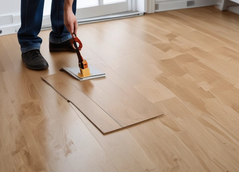 A showroom displaying various wooden flooring samples mounted on walls. A person is observing the samples on the right side, wearing casual attire. The samples are labeled with prices and descriptions. The room is well-lit with a modern design and uses neutral tones.