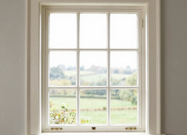 Close-up of a hand fitting a draught seal onto an old timber window frame.