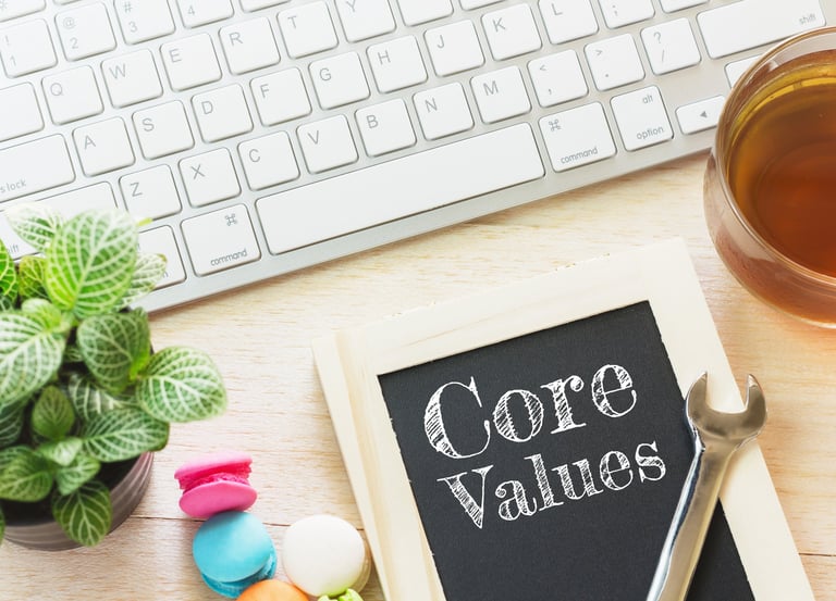 A small chalkboard on a modern work desk reads, "Core Values."