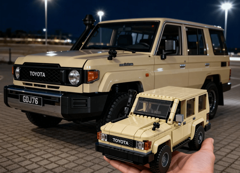 A person holding a small brick-built model of a tan Toyota Land Cruiser 70 Series next to the real vehicle at night.