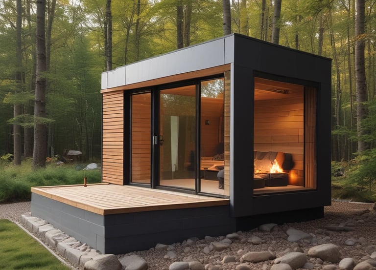 A serene outdoor setting showcasing a modern wooden sauna surrounded by nature.