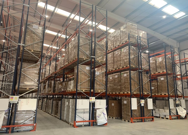 tall pallet racking in narrow aisle configuration with rack end protectors  