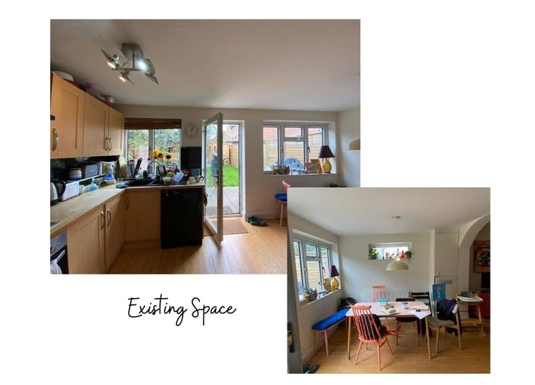 Exisitng open plan with small kitchen area and dining room