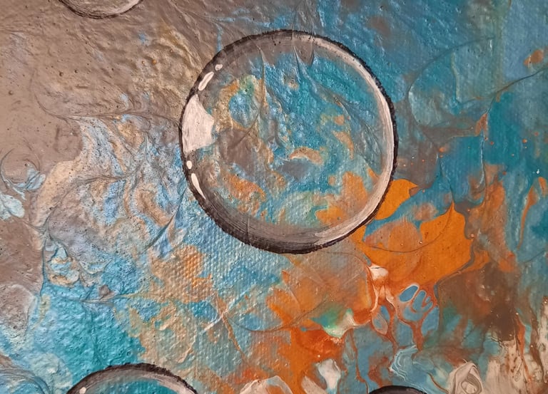 a painting of bubbles in a metal pan