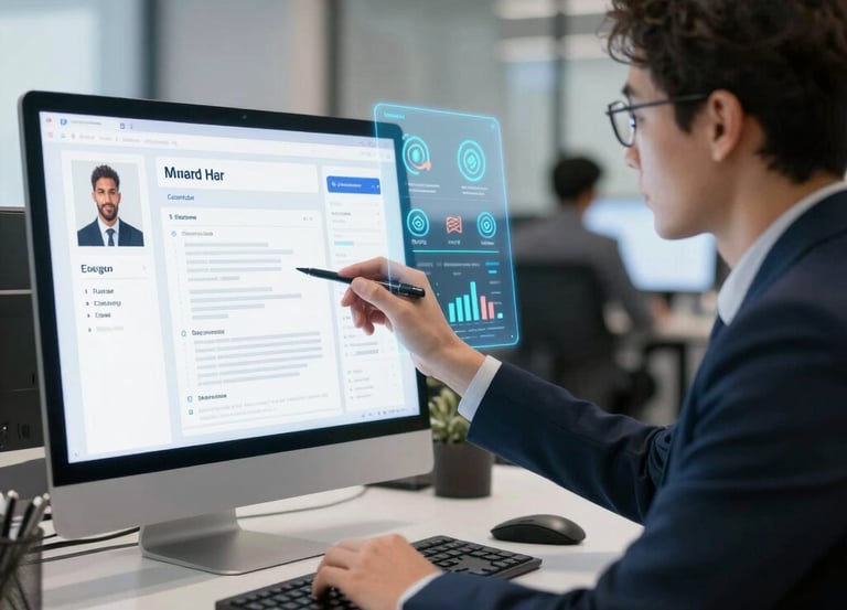 A group of five individuals are in a conference room engaging in a meeting. Four people are seated at a table with laptops and notebooks in front of them, while one person is standing and pointing at a projection on the wall displaying various company logos.