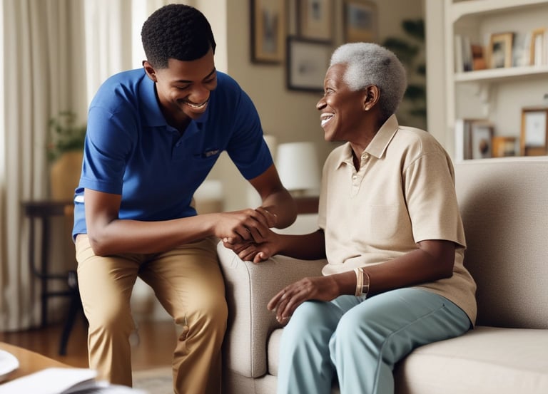 A warm, inviting living room with a black caregiver assisting an black elderly person.