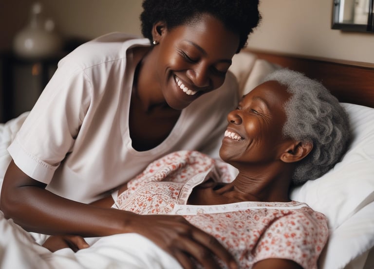 A warm and inviting living room with a caregiver assisting an elderly person.