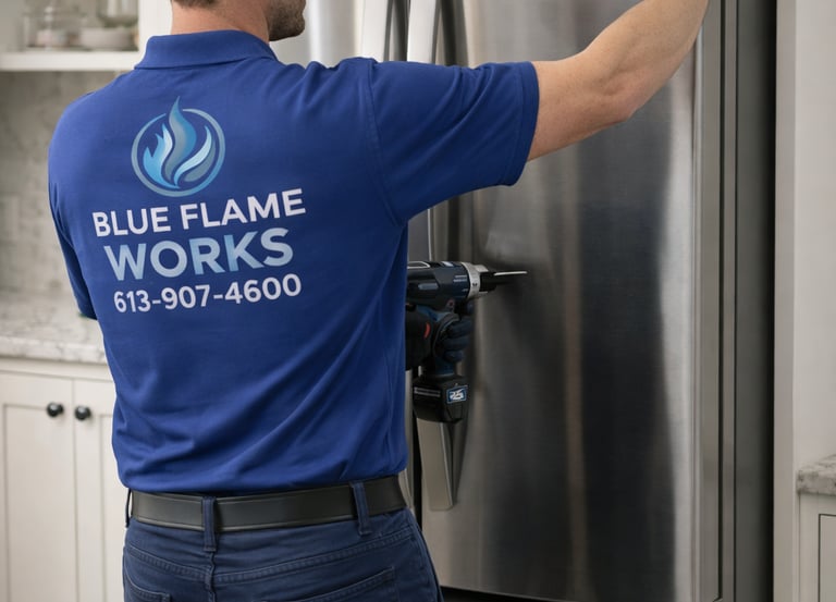 Blue Flame Works tech installs an LG fridge in a bright modern kitchen wearing a branded blue shirt.