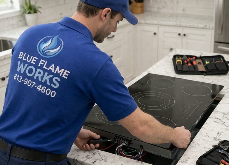 Blue Flame Works technician installing a black electric cooktop in a bright modern white kitchen.