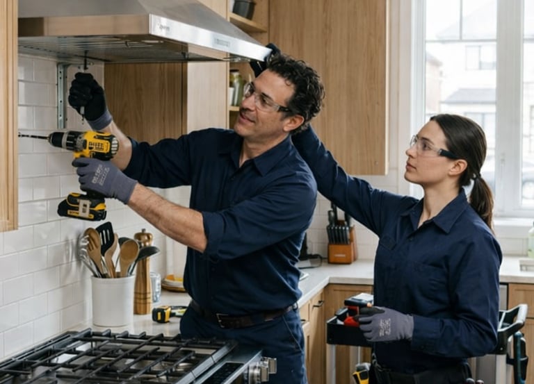Two technicians installing a stainless steel range hood in a bright modern kitchen