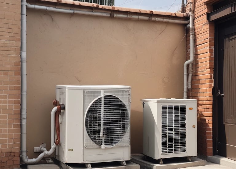 A white outdoor air conditioning unit mounted on a wall with a large fan and electrical connections. The unit has a red label and is surrounded by a light grey and white color scheme on the building's wall.