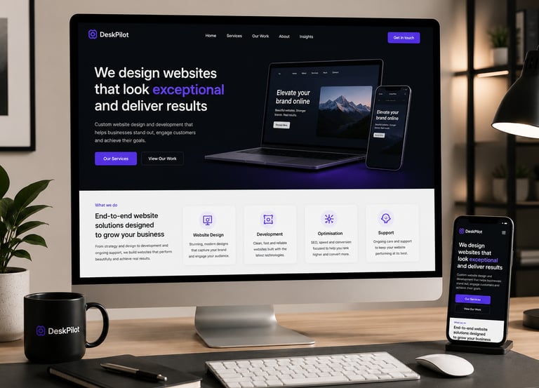 Desktop and mobile views of a professional web design agency homepage featuring custom website development services.