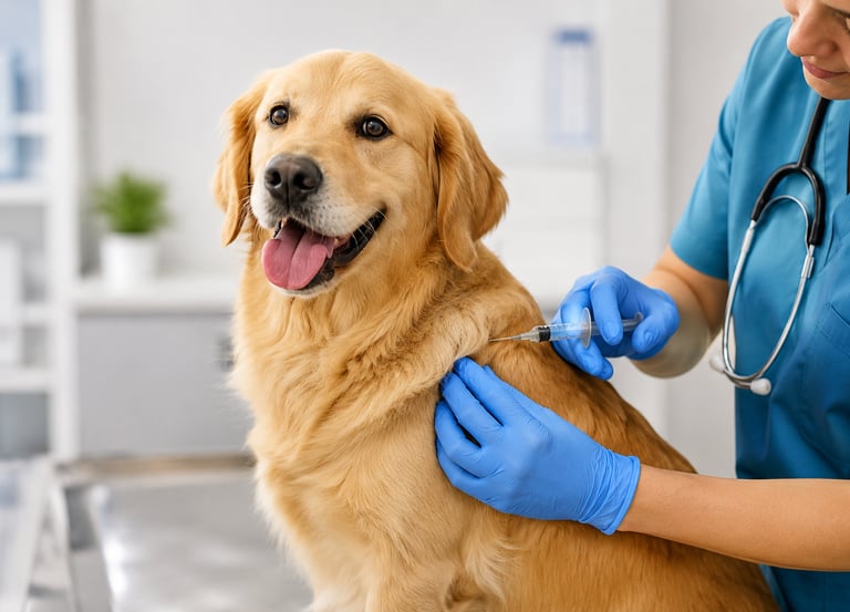 Um Labrador feliz recebendo vacina de um veterinario na dr. Pet