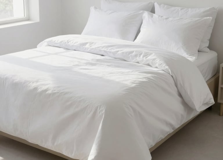 A crisp, neatly made bed with high-quality linens in a sunlit, minimalist room.