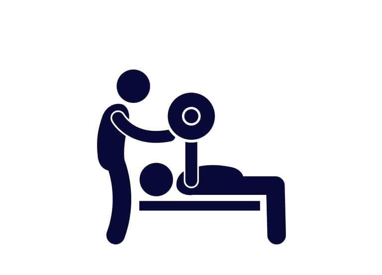 An illustration of a personal trainer assisting his client perform a bench press exercise