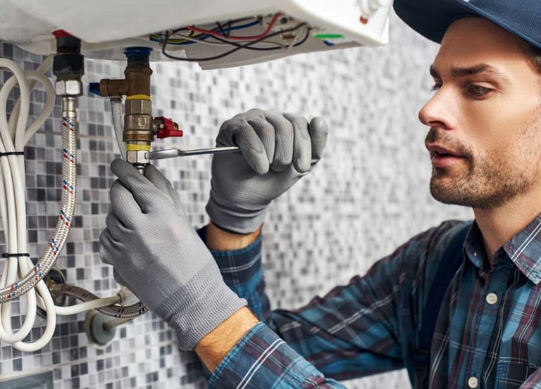 a man in a hat and gloves is fixing a water heater