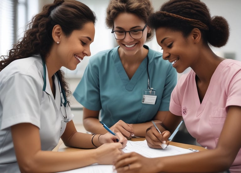 A group of nurses wearing traditional uniforms are gathered around a hospital bed in a clinical setting. One nurse appears to be changing linens or adjusting the bedding of a patient. A basin is placed on the floor, and there is a small table with medical tools and supplies nearby. The setting suggests a hospital or medical training environment from a previous era.