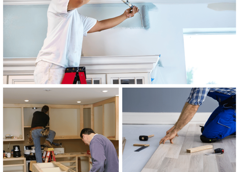 Construction workers carry out different remodeling projects(carpentry, flooring, interior painting)