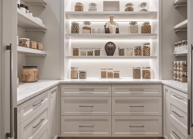 Walk-in pantry with white cabinets, marble counters, open shelves, and neatly arranged glass jars.