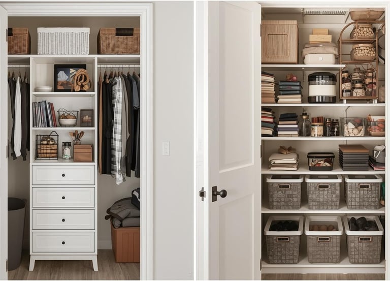 Two organized closets with custom shelving, drawers, and labeled storage bins.