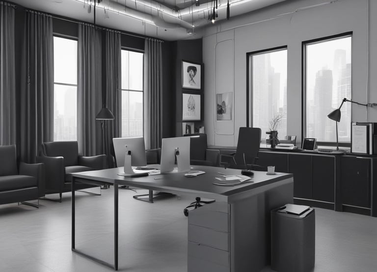 A luxurious office setting with financial documents and a laptop.