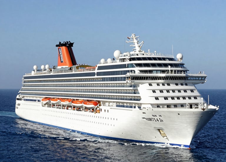A serene cruise ship sailing at sunset with calm waters and vibrant skies.
