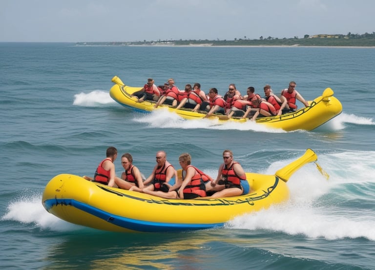 A vibrant speedboat cutting through clear blue waters.