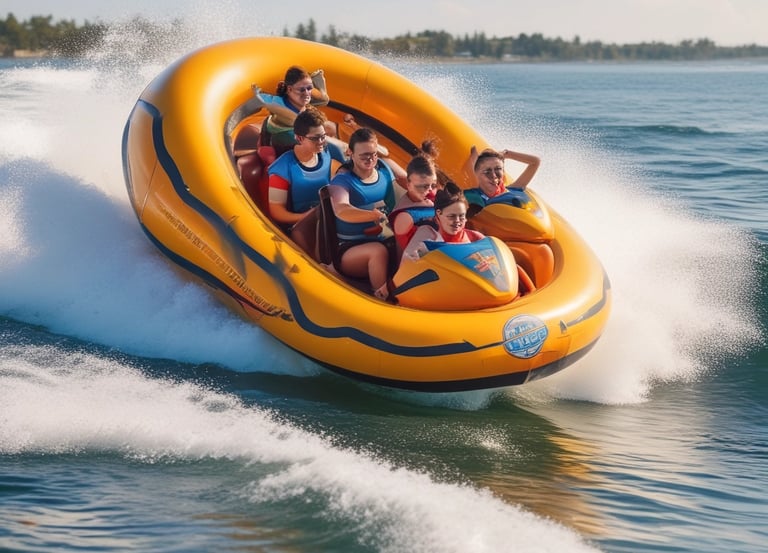 A vibrant speedboat cutting through clear blue waters.