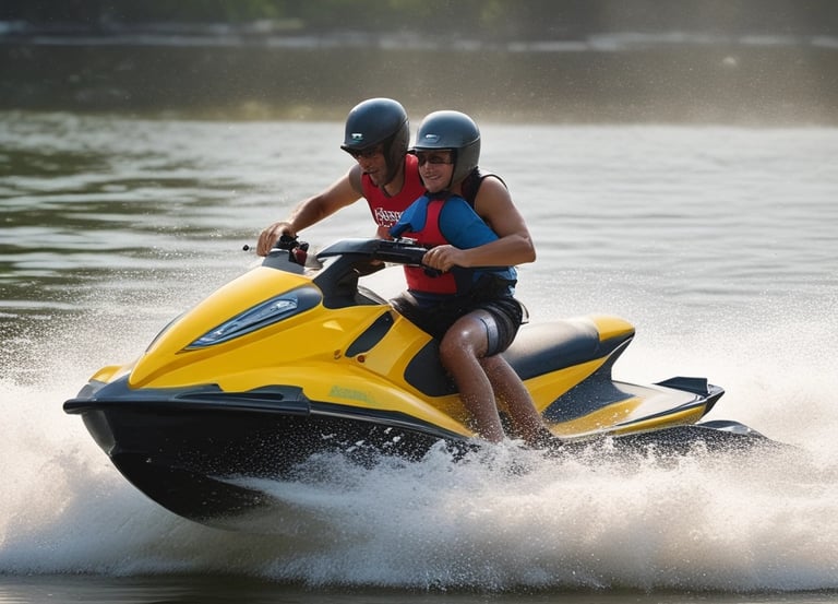 A vibrant speedboat cutting through clear blue waters.