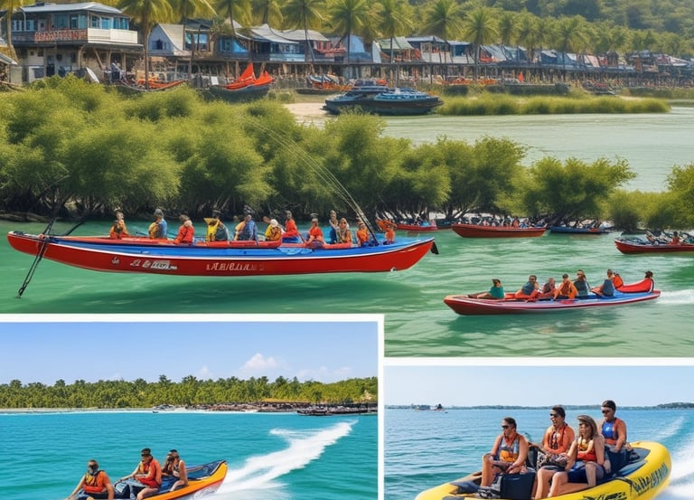A vibrant speedboat cutting through clear blue waters.