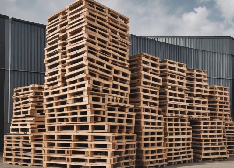 A stack of wooden pallets in a warehouse setting.