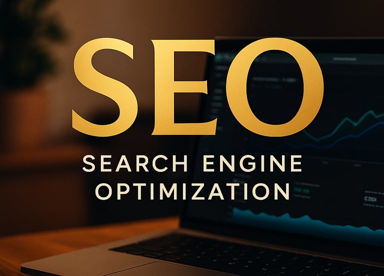 a laptop computer sitting on a desk with the words seo search engine optimization