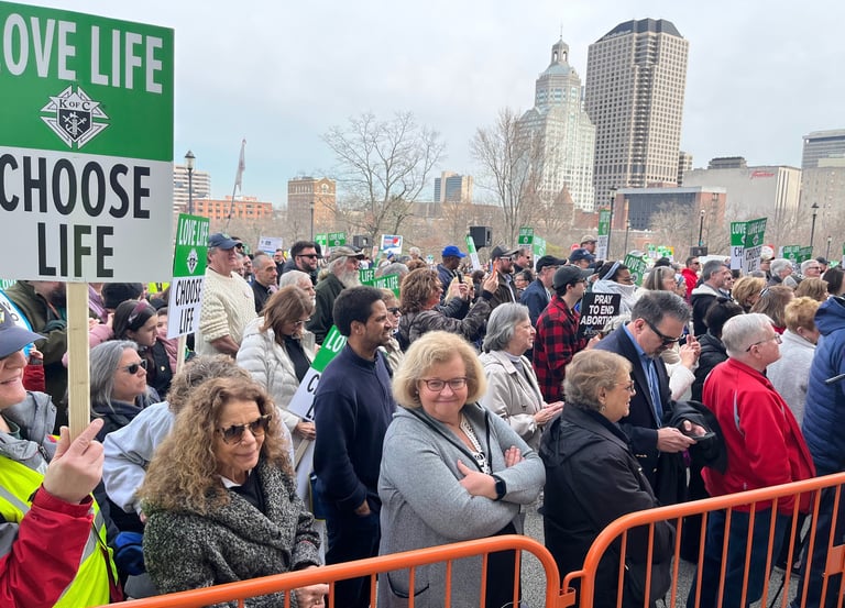 Crowd of protesters holding Love Life and Choose Life signs at a pro-life rally in a city park.