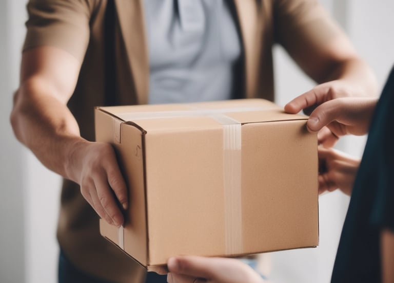 A delivery person carrying a package in an urban setting.