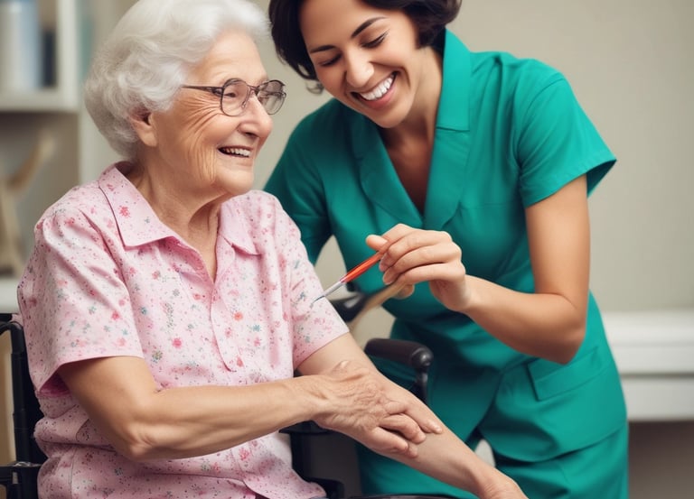 An elderly woman using a cane is supported by a younger woman as they walk together outside. They are on a dirt path near a rustic building with wooden doors. In the background, there are trees and a view of hills or mountains.