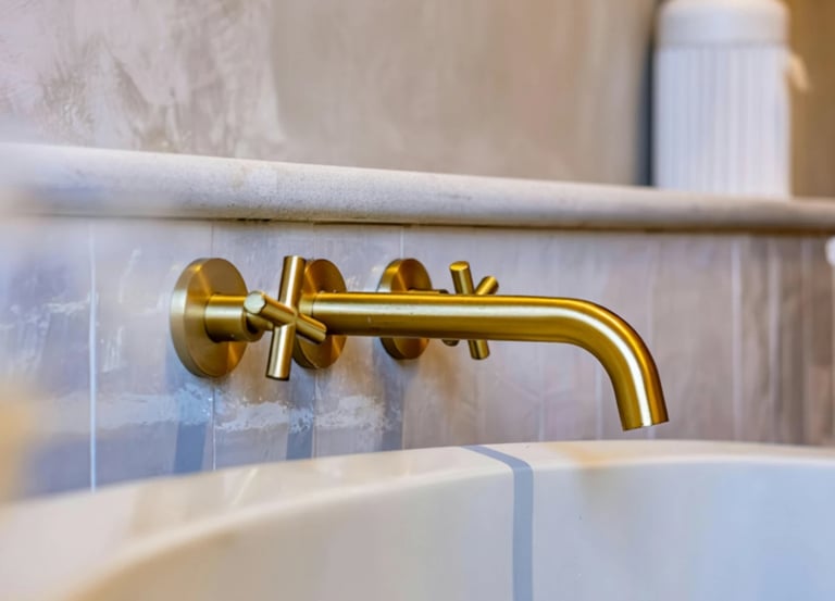 Robinet artisanal en cuivre doré pour salle de bain avec vasque blanc.