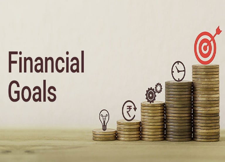 showing icons of indian rupee symbol, bulb, settings or gear wheels time & target on stacks of coins