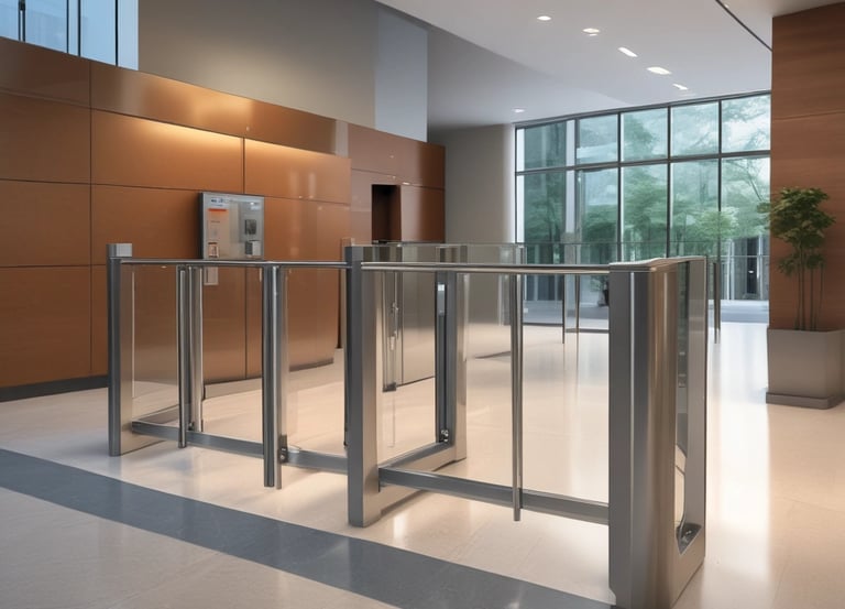 A modern office space with advanced technology equipment and a digital attendance system.