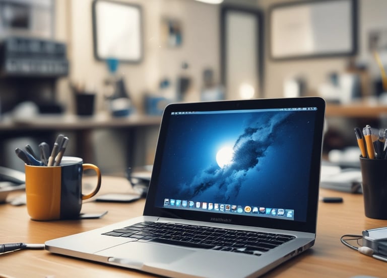 A workbench is cluttered with technology repair tools and disassembled electronic devices. Multiple laptops are open, and an overhead lamp provides focused lighting on the workspace. A backpack sits at the back, amidst a disarray of tools such as screwdrivers, a utility knife, and an organized box of small components. Various pieces of electronic hardware and circuit boards are spread out on the table.