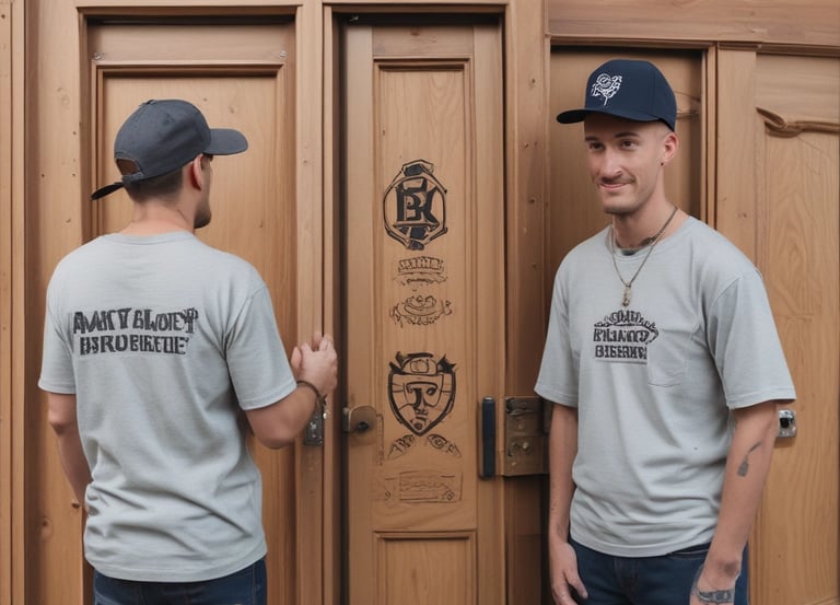 two men standing in front of a door