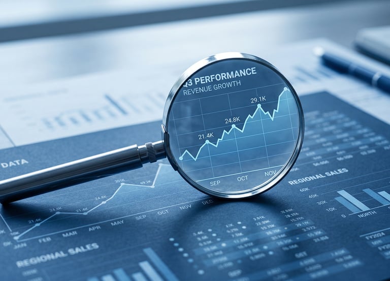 magnifying glass over charts and graphs