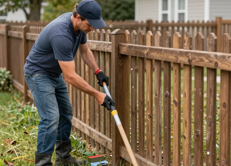 Professional fence contractor installing a new wooden picket fence in a residential backyard.