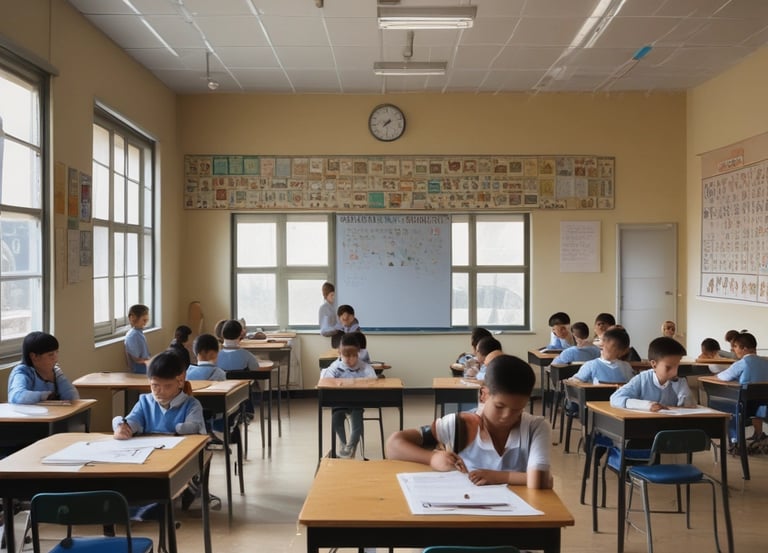 A vibrant classroom with students engaged in technology-based learning.