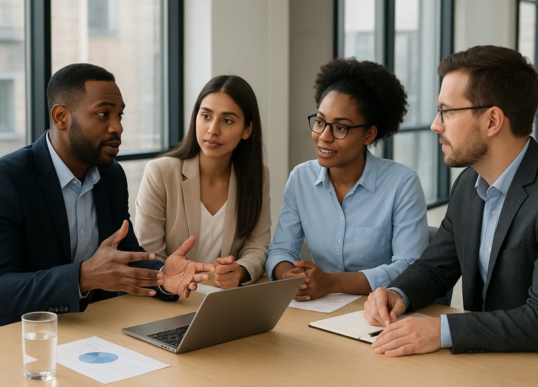 a group of people sitting around a table