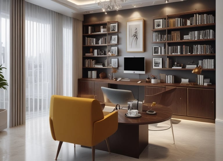 A modern architectural interior with large, angular windows allowing natural light to flood in. A central, curved staircase leads to an upper level, where two people stand looking out over the space. Below, three people are walking and interacting in the open area. The design features clean lines and a prominent red square artwork on the wall.