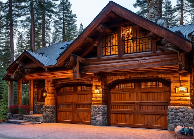 a large wooden garage with a large garage door