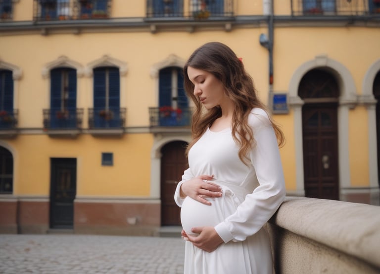 A warm and inviting image of a pregnant woman smiling while holding a bowl of fresh fruits and vegetables in a cozy kitchen.