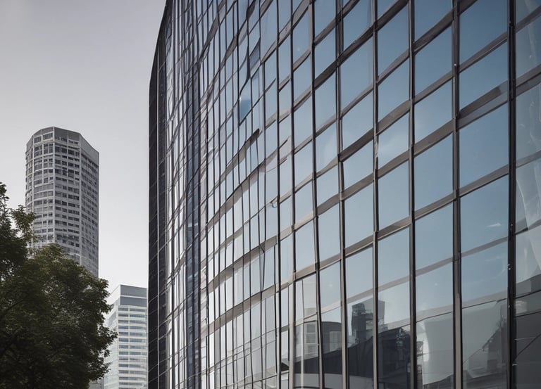 A modern office building with large glass windows. In front of the building, there is a green sign with a plug symbol and the letters 'EY'. Surrounding the area are neatly trimmed bushes.